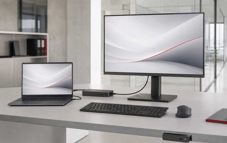 Business-Arbeitsplatz mit Notebook, Monitor, Docking-Lösung, Tastatur und Maus