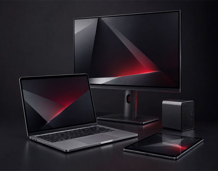 Notebook, Monitor, Desktop-PC und Tablet als Übersicht verschiedener Technik-Angebote