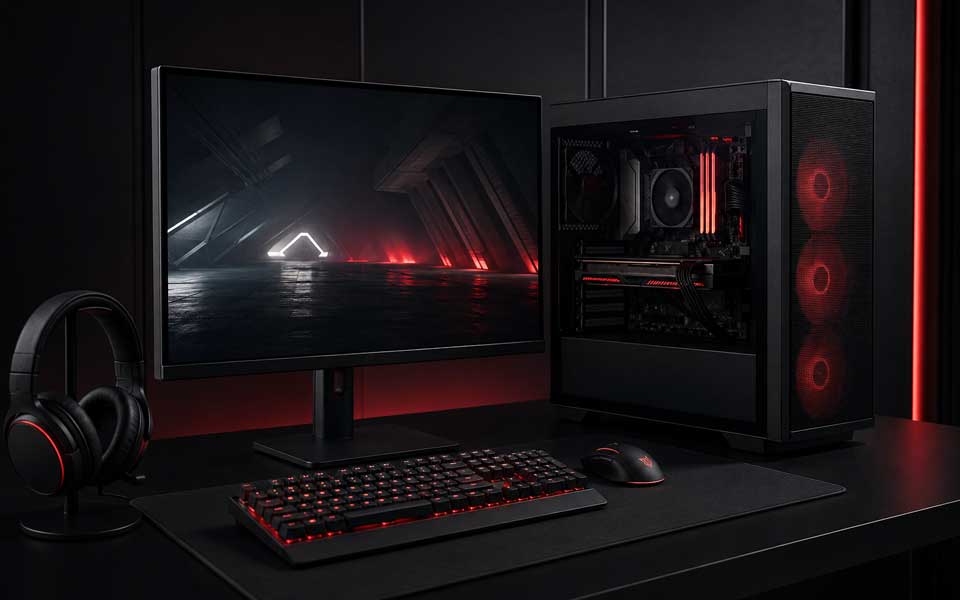 Gaming-PC mit Monitor, Tastatur, Maus und Headset in einem modernen Setup