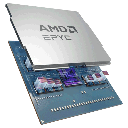 Explosionsdarstellung eines AMD EPYC Prozessors mit Chip und Heatspreader